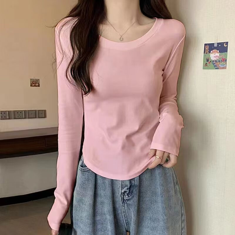 [95棉]纯棉正肩长袖T恤女新款早秋设计感小众内搭薄款圆领打底衫 白色 M