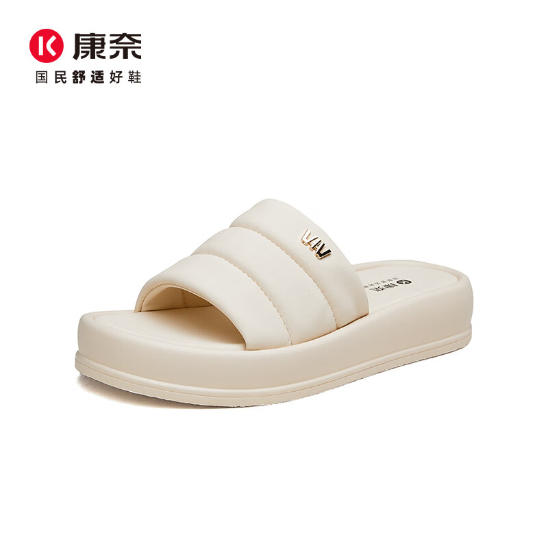 康奈女鞋2025年夏季新款时尚字拖女士防滑软底凉拖外穿休闲鞋子 米