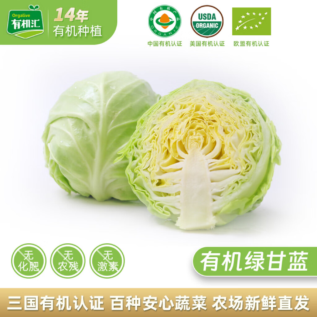 有机汇有机绿甘蓝 生鲜包菜大头菜 新鲜有机 产地种植 营养丰富零农残  圆甘蓝 500g