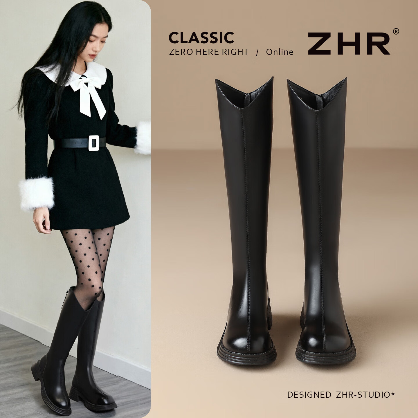 ZHR靴子女粗跟长筒靴新款脚宽脚胖显瘦女靴V口瘦瘦靴厚底增高骑士靴 黑色 【单里】 37