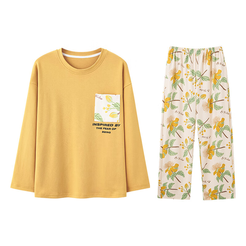 芬腾睡衣女【100%纯棉】秋冬新款圆领长袖花卉睡衣女家居服套装女神节 黄色 L