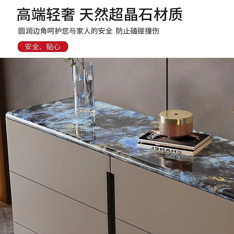 CUERO DESIGN轻奢大理石马鞍皮餐边柜家用靠墙储物斗柜卧室床尾高款电视柜边柜 （80x40x80cm）六斗柜【奶咖色+超晶石台面】 【整装发货 免安装】
