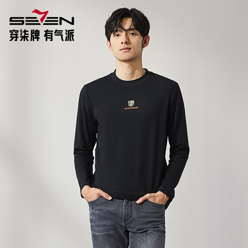 柒牌（SEVEN）【3A抗菌】圆领长袖T恤男士秋冬新款时尚百搭休闲上衣男装 黑色 L