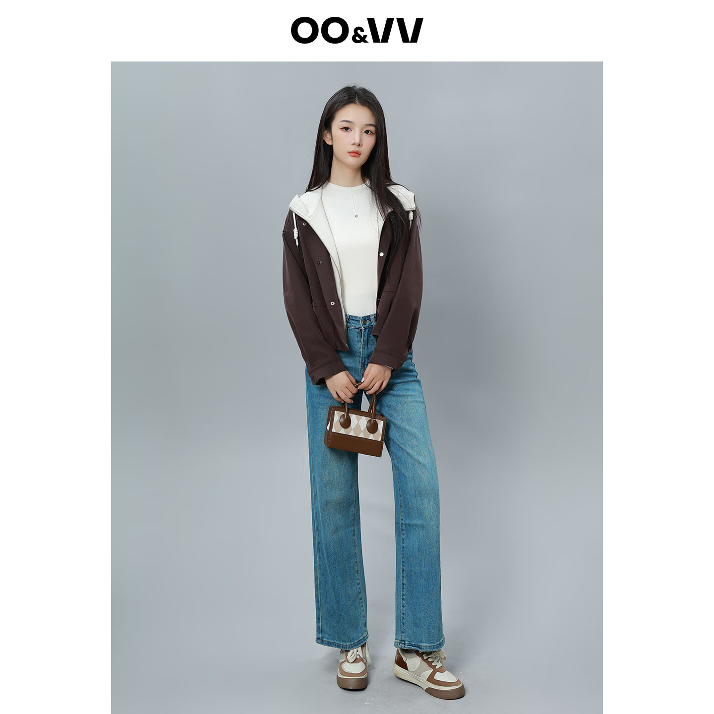 OO&VV2025年秋装新款撞色拼接连帽外套女设计时尚百搭显瘦上衣假期出游 摩卡棕 M