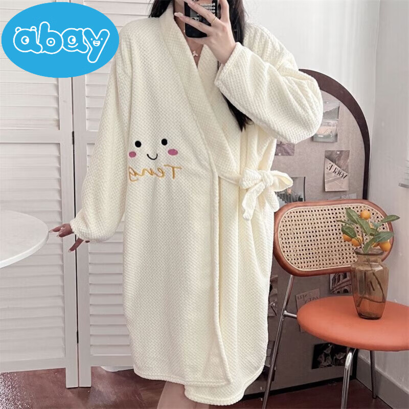 abay秋冬可穿长袖浴巾浴袍女比全棉纯棉吸水速干家用大人可裹浴裙睡衣 菠萝格长袖款浴袍[米白色] 宽松均码[80-180斤穿]加长加厚