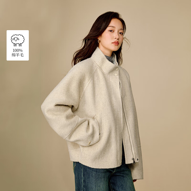 茵曼（INMAN）2025冬季女装新款绵羊毛双面呢外套简约休闲宽松短款大衣 t古杏色 L 168-172cm/121-130斤