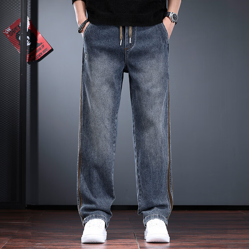 新百伦重磅牛仔裤男春秋款潮牌阔腿宽松休闲裤子男直筒高街穿搭男裤 怀旧蓝 常规 L 码【建议130-145斤】