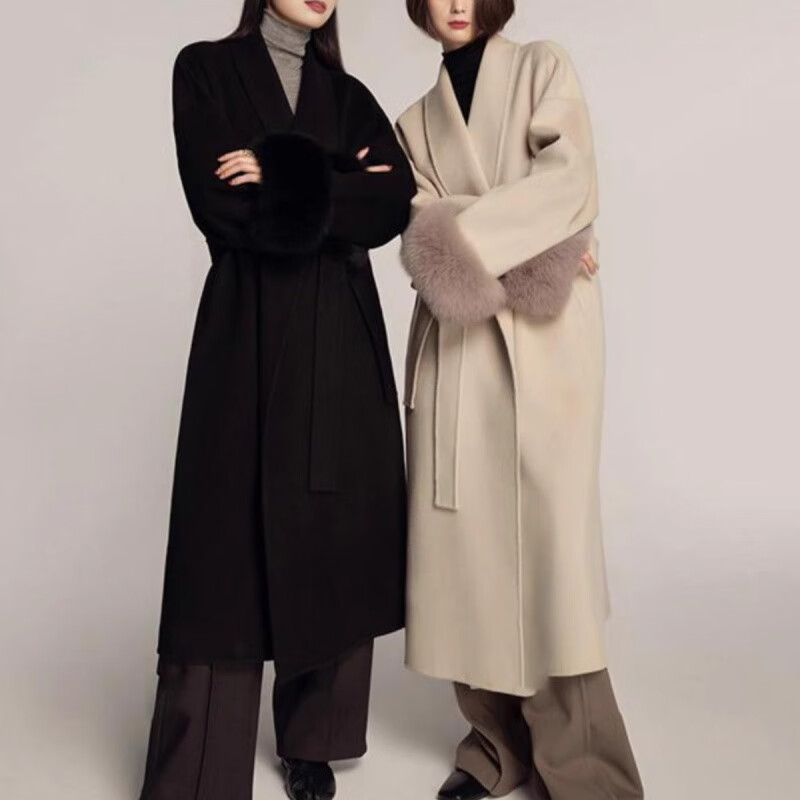 FOURDATRY双面呢大衣女2025秋冬中长款红色高级感仿狐狸毛呢外套女羊绒大衣 红色 XS