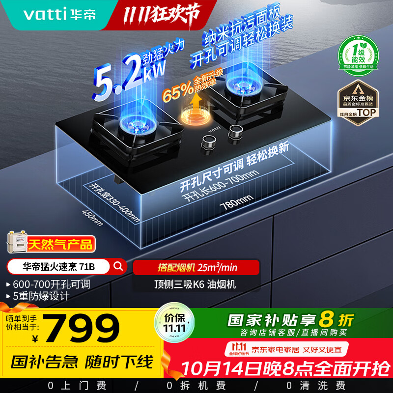华帝（VATTI）国家补贴20%燃气灶天然气灶嵌入式台式一级能效5.2kW猛火煤气炉双灶台灶具i10071B【天然气产品