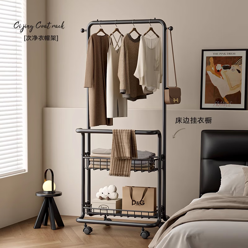 衣炫卧室衣帽架衣架落地式室内房间挂衣杆2025新款晚上置物挂衣服架子 【双层可拆卸网篮】赫本黑-45CM