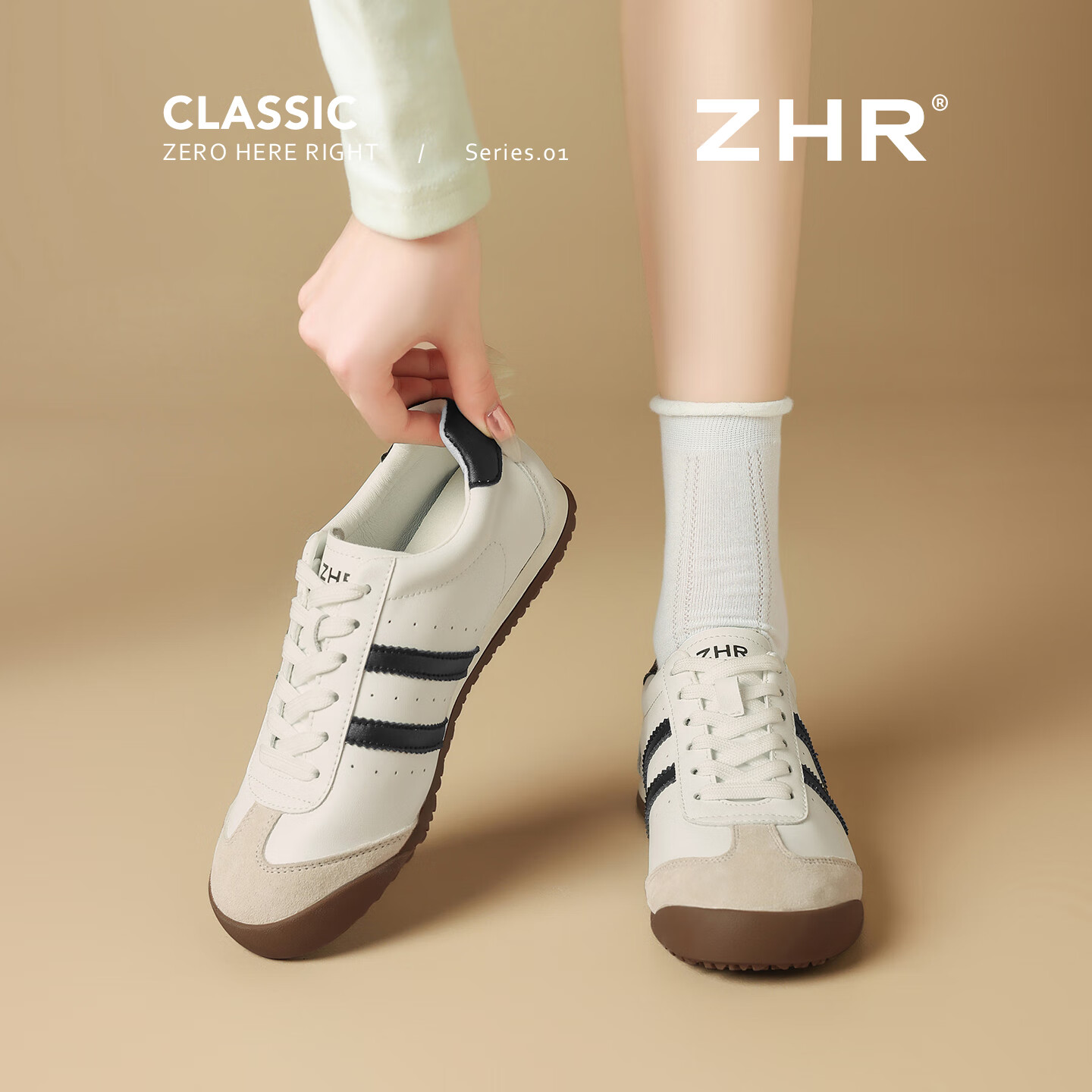 ZHR复古德训鞋女鞋软底轻便运动休闲鞋子板鞋时尚百搭透气小白鞋女鞋 米黑 38