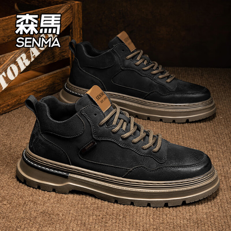 森馬（Senma）春季真皮戶外馬丁靴男款新款中幫厚底休閑皮靴復(fù)古英倫風(fēng)工裝靴男 黑色 39