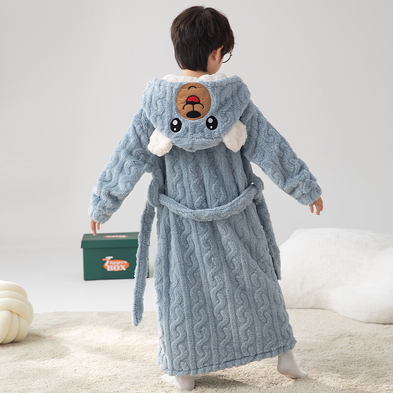 猫人（MiiOW）睡袍儿童秋冬季珊瑚绒浴后加厚男童浴袍小童中大童睡衣家居服 红色（睡袍+裤子） 110 建议身高 101-105