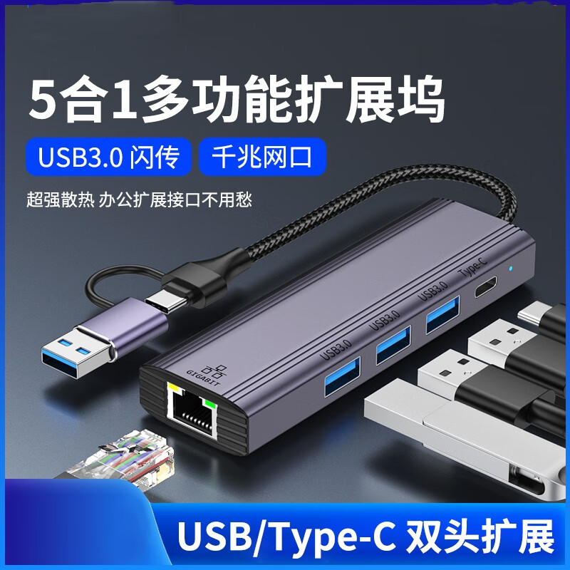 春程笔记本转换器五合一扩展转接器usb转千兆网口扩展坞笔记本平板拓展转换器typec网卡转以太网 RG45 rj45转以太网 RG45+3U1C-1