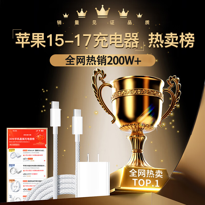 SOULUX【国家3C认证】适配苹果16充电器头30W原充正品17快充头套装iphone15Promax/14plus数据线13氮化镓 【苹果8-17专用】30W充电头丨氮化镓低温快充 3C国家认证+PD快充认证