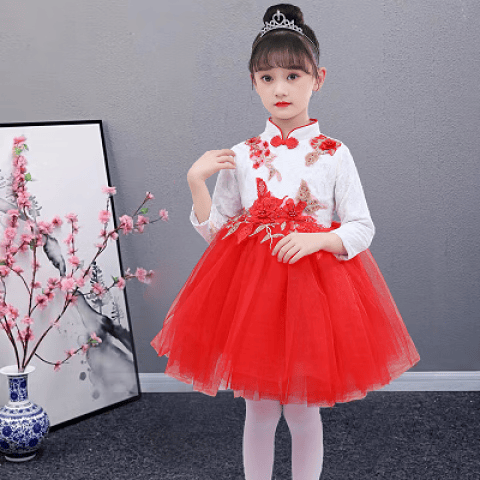 兰伶坊小学生大合唱演出服男女童长袖公主纱裙幼儿园舞蹈表演服儿童秋冬 蕾丝刺绣纱裙【红色】 100 cm