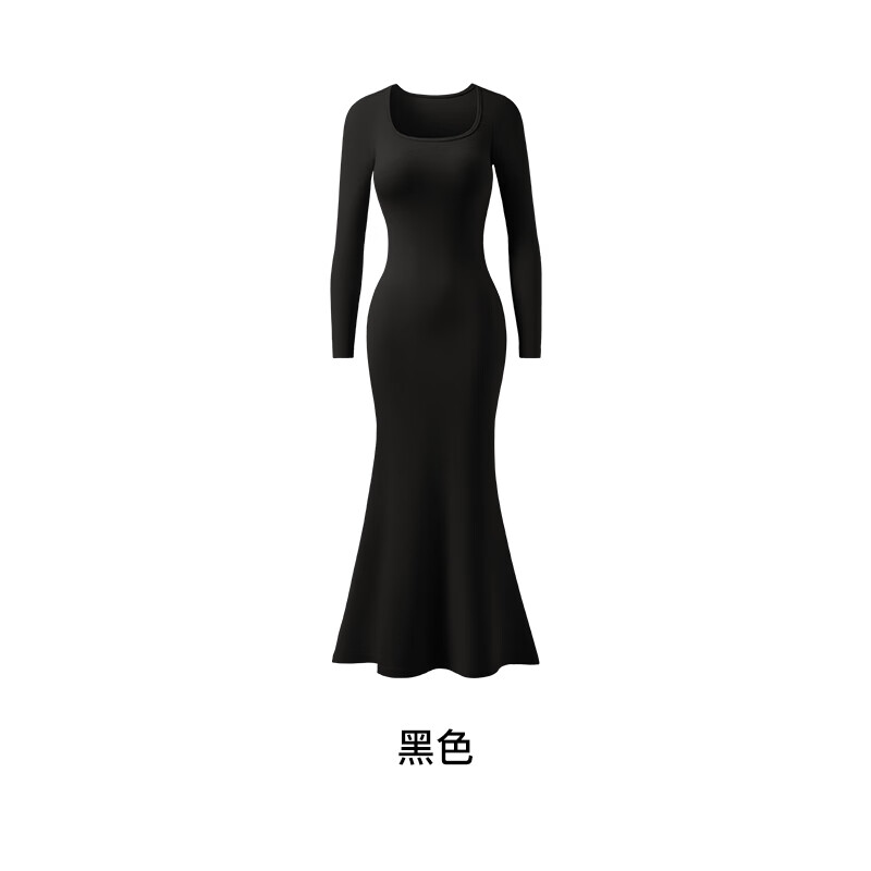 曲线主义Curve【张雨绮同款】长袖U领修身显瘦连衣裙包臀可外穿睡裙女秋冬 黑色 S 码（85-110斤）