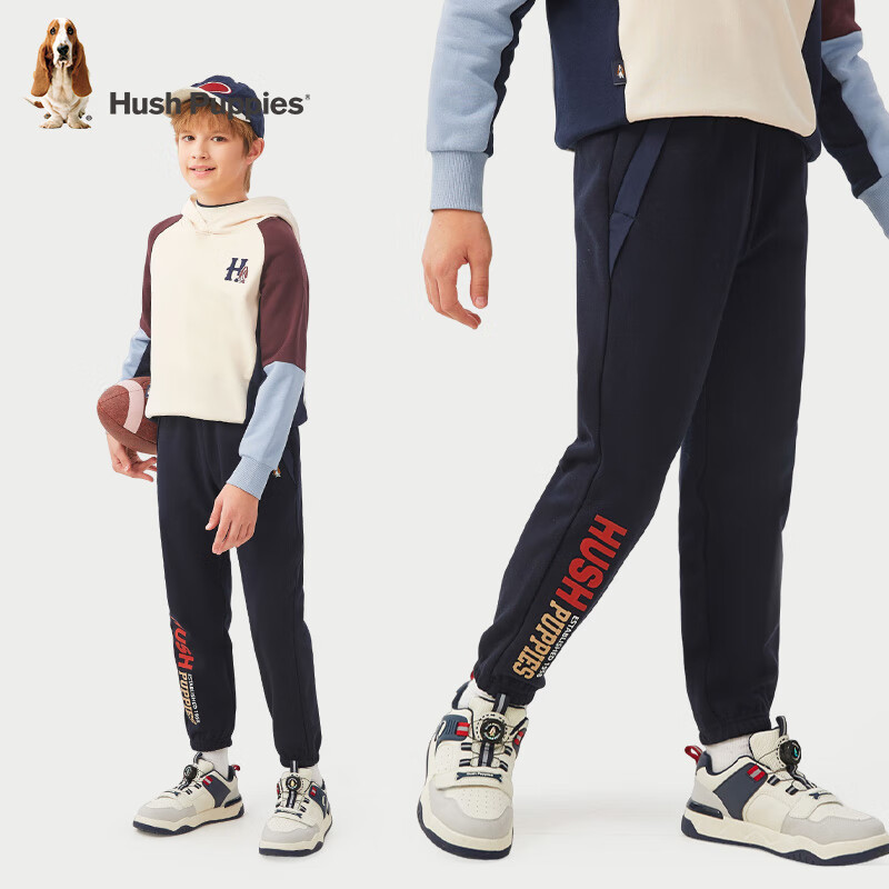 暇步士(Hush Puppies)童装男大童裤子冬季新款时尚休闲舒适保暖一体绒长裤 藏蓝 150 cm