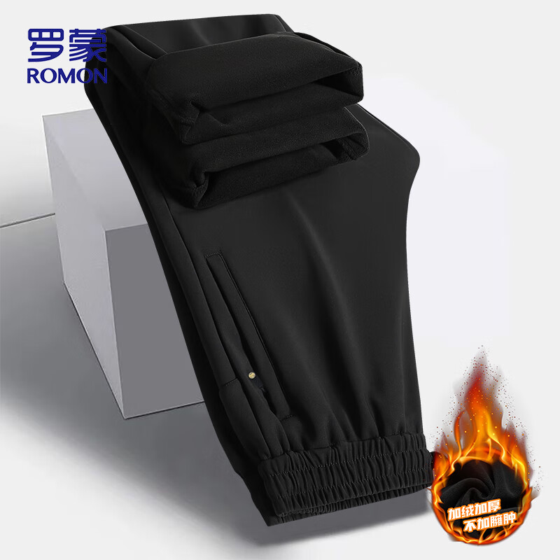 ROMON休闲裤男士冬季潮流商务保暖运动加绒卫裤子男装8802黑色束脚2XL