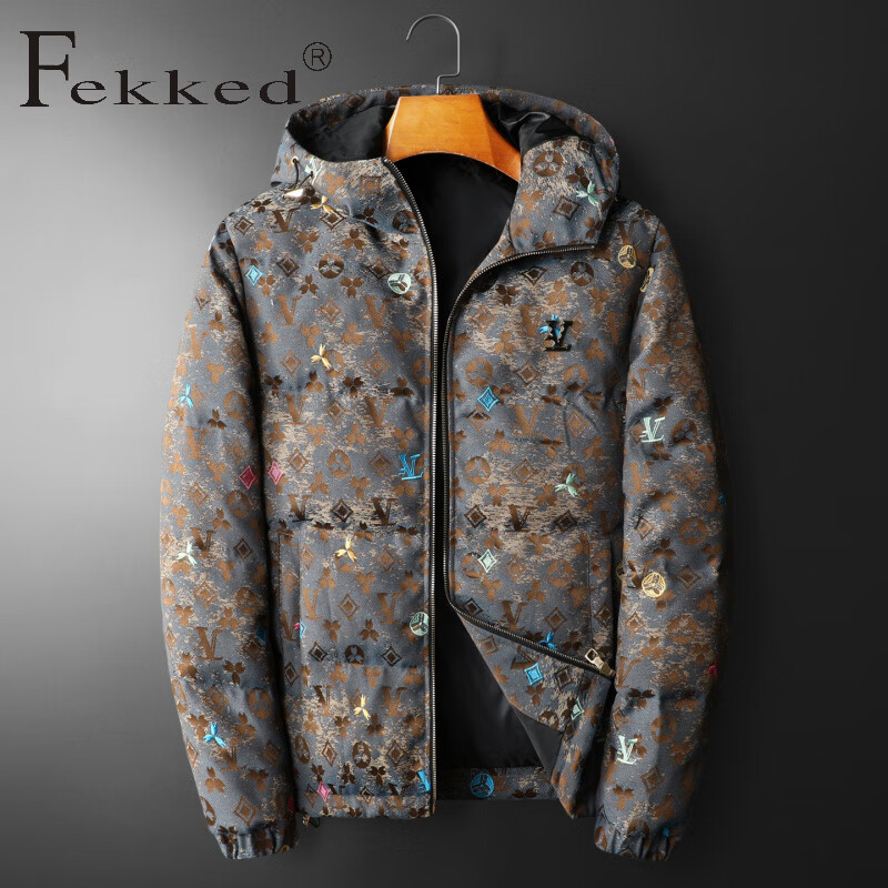 Fekked香港潮牌2025冬季新款男士连帽服高品质几何迷彩提花羽绒服外套潮 蓝色 M