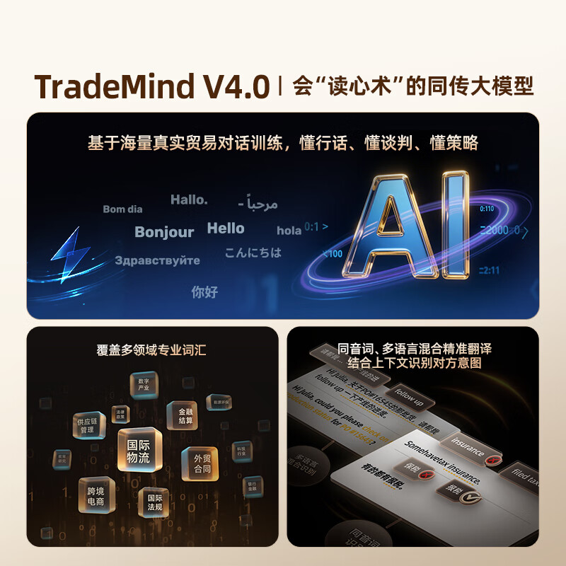 TRANSAIGENIE外贸商务翻译耳机实时同声传译电话视频展会洽谈翻译神器挂耳式出国必备AI智能耳机 黑色