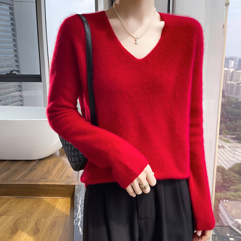 香影芬一线成衣100%羊毛衫女秋冬新款内搭毛衣女加厚V领羊毛针织打底衫 紫绒驼 XL (建议115-125斤)