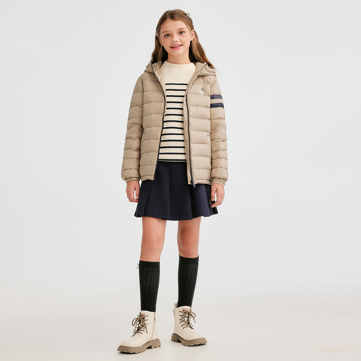 暇步士（Hush Puppies）童装儿童男女大童2025冬季新款儿童舒适百搭运动连帽羽绒服 燕麦卡其 140 cm