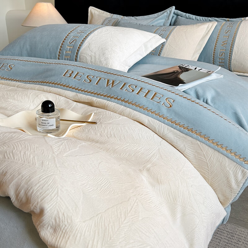 VJE轻奢牛奶绒四件套冬季加厚保暖双面绒床单被套法兰绒被罩床上用品 缤纷羽叶-蓝拼白 四件套2.0m 床单款 -被套220*240cm