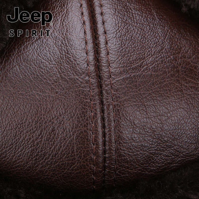 吉普(JEEP)冬季头层牛皮雷锋帽保暖护耳真皮帽子男士中老年人加厚东北老人帽 棕色真羊毛 58-59cm