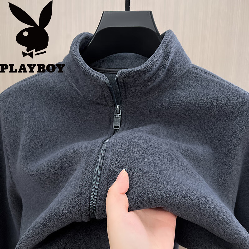 花花公子(PLAYBOY)摇粒绒加厚开衫卫衣男立领秋冬季奥粒绒外套男保暖抓衣绒外穿 黑色 -Y605 加绒 L 170 115-135斤