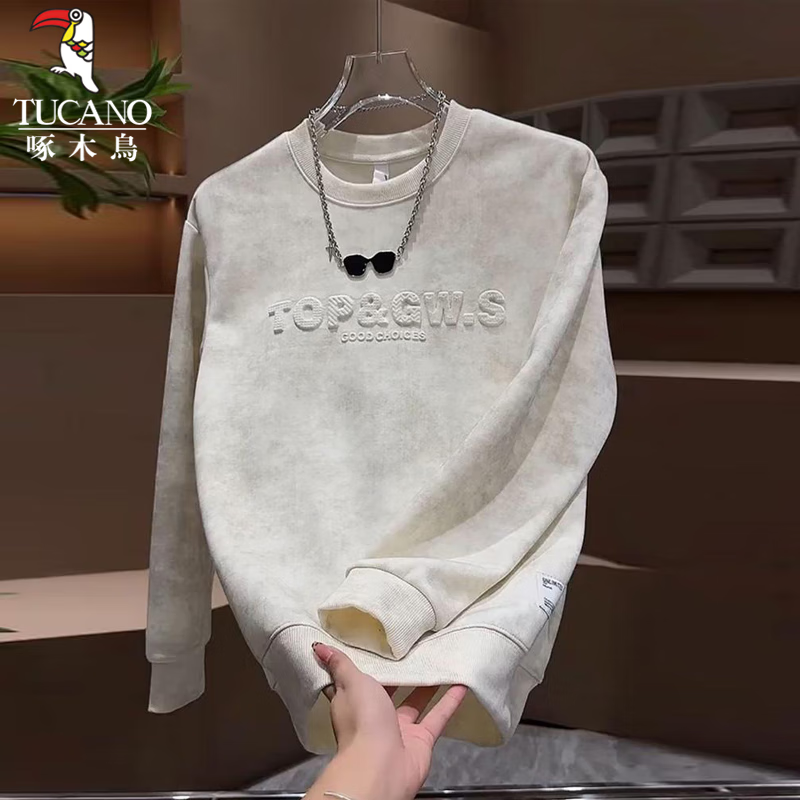 啄木鸟男士高端卫衣2025秋冬新款加绒加厚百搭潮流套头长袖休闲时尚上衣 米色 XL 【建议135-150斤】