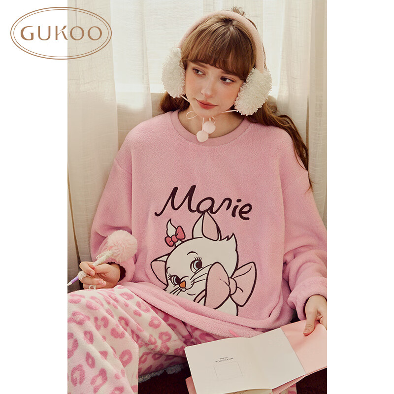 果壳（Gukoo）睡衣女冬季迪士尼玛丽猫联名毛绒保暖甜美豹纹女士家居服套装D1 蜜桃柚套装 M