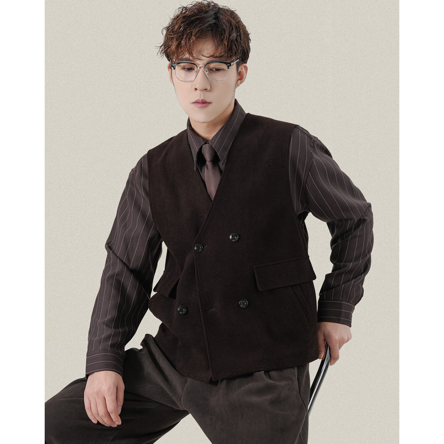 二八先生英伦风复古灯芯绒双排扣马甲老钱风男士春秋季v领内搭无袖