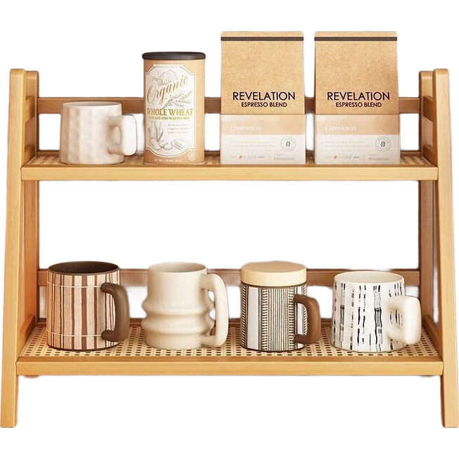 藤编中古风收纳桌面置物架宿舍办公厨房杯架整理收纳展示架多肉 【原色款】三层26CM长