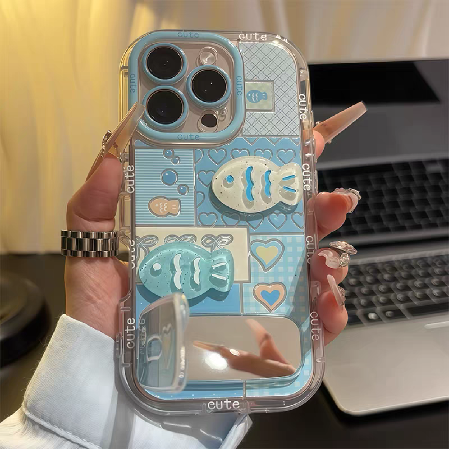 启粤蓝格小鱼公仔适用苹果16pro手机壳iphone15保护套女款r iPhone16 【羽纱泡芙壳-蓝格小鱼】+【立体公仔】