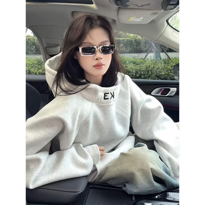 POUM白花灰高领连帽卫衣男士秋冬美式拼接刺绣外套休闲宽松情侣帽衫 BCYMG-Y41藏青色 M