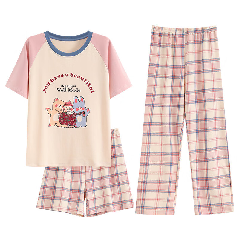 达芙妮【T】睡衣女短袖裤子三件套薄款孕妇可外穿春夏季家居服套装 桃色5947 M