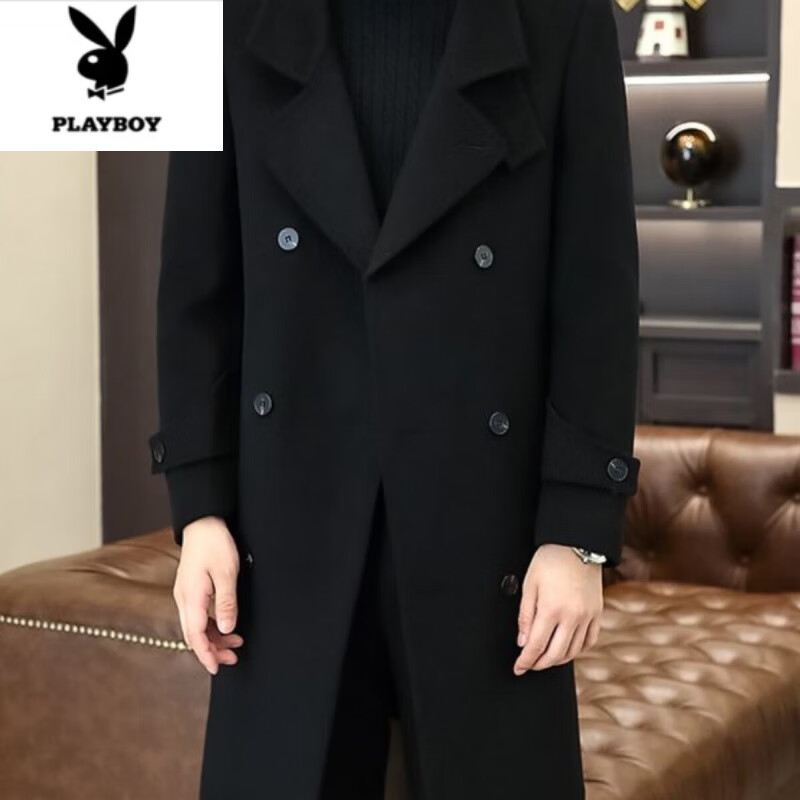 花花公子(PLAYBOY)毛呢大衣男士秋冬季韩版修身中长款呢子风衣感时尚双排扣外套 黑色 4XL 180-200