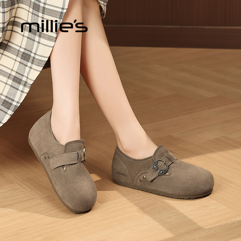 妙丽勃肯鞋女平底真皮浅口复古时尚潮流2025冬季新款通勤百搭单鞋 羚羊棕 35 (225mm) 标准码