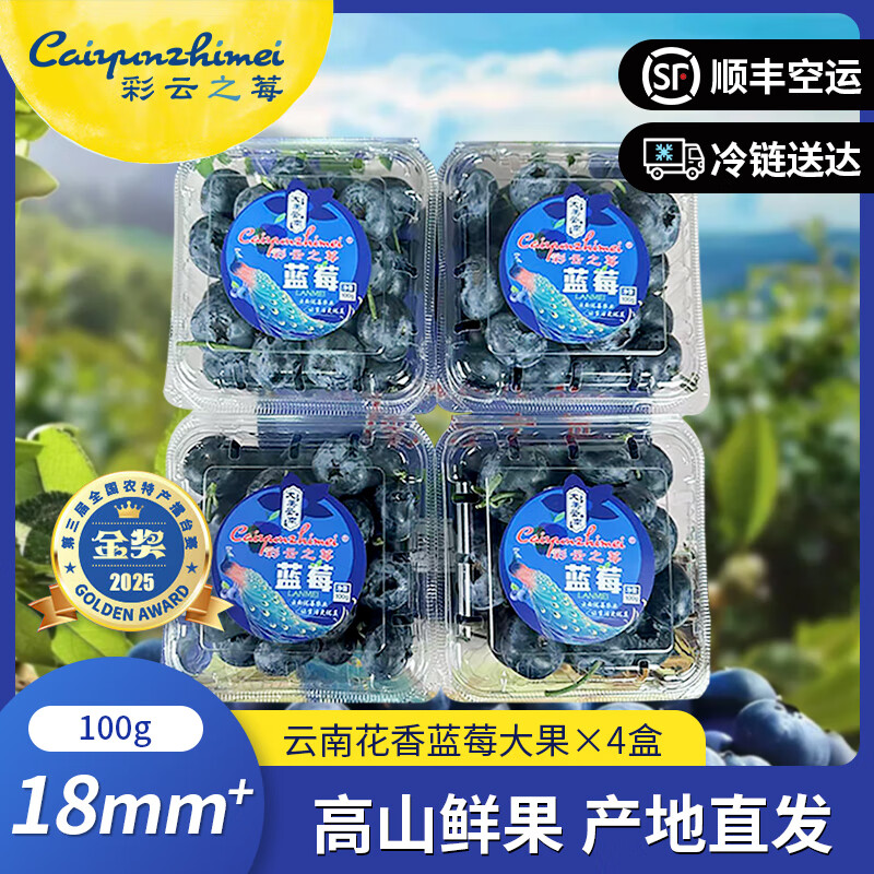 彩云之莓【云南露天花香蓝莓】云南蓝莓脆甜新鲜现摘产地直发水果 四盒装（实惠尝鲜）100g/盒 24mm+（金牌超级果王）