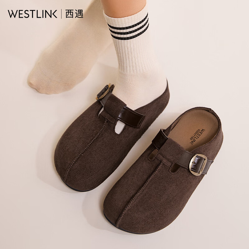 西遇（Westlink）一脚蹬勃肯鞋半拖女2026新款秋季包头拖鞋增高厚底吐司鞋 咖色(K0057160) 36 (230)