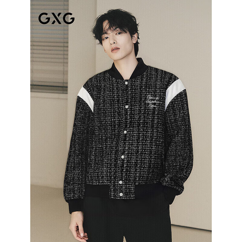 GXG男装 小香风棒球领肩部撞色拼接休闲夹克外套 黑色 175/L