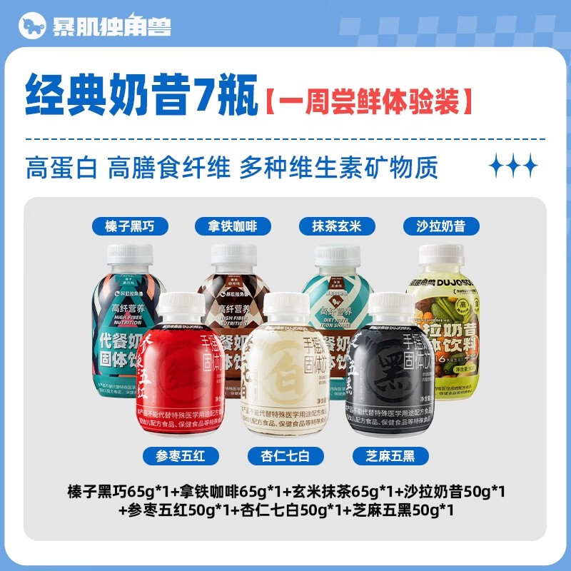 獨(dú)角獸暴肌廚房暴肌獨(dú)角獸代餐奶昔廋速食身減飽腹肥營(yíng)養(yǎng)早餐食品奶茶沖泡飲料粉 【全口味7瓶】高纖營(yíng)養(yǎng)代餐奶昔