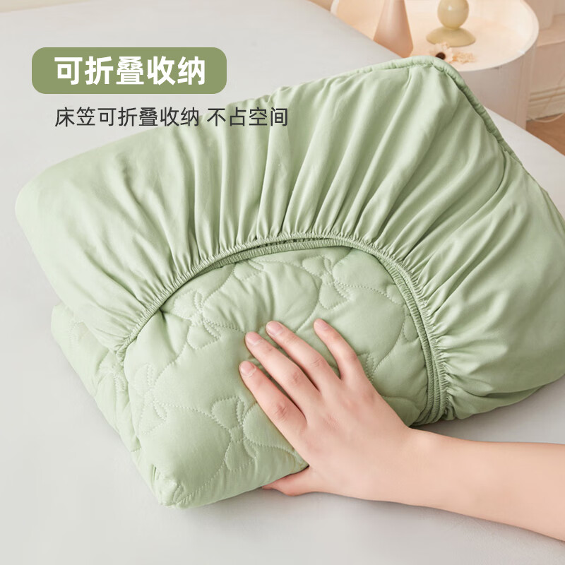 雅鹿加厚夹棉床笠防尘绗缝床罩三件套隔脏床盖床垫保护套床上用品 蝴蝶结床笠-松石绿【蓬松柔软 四季通用】 150*200cm单床笠