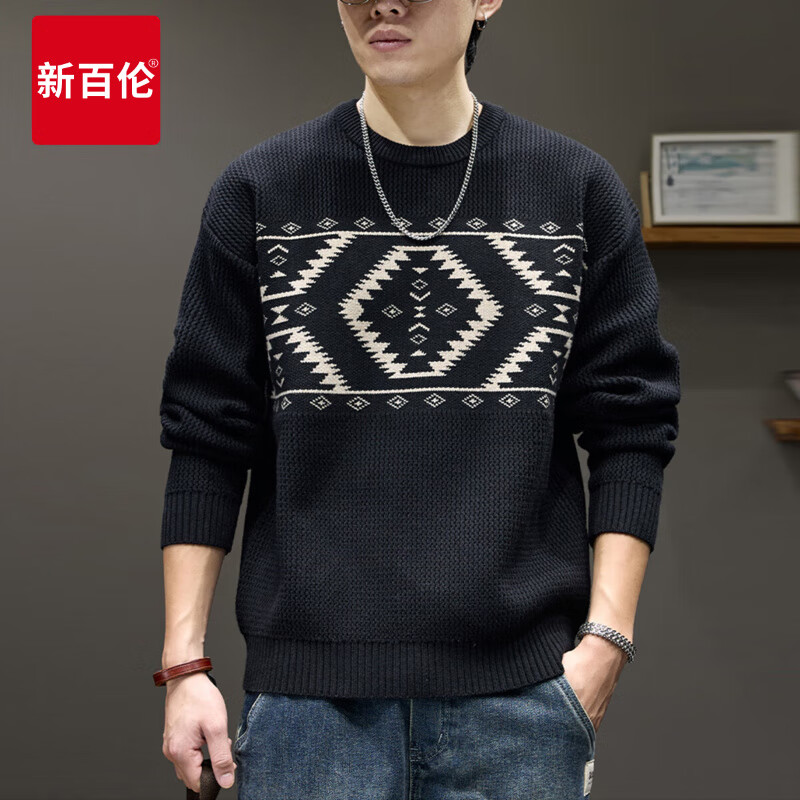 新百伦重磅圆领毛衣男士冬季加厚保暖针织衫宽松潮牌休闲毛线衣外套 黑色 M 码【建议110-130斤】
