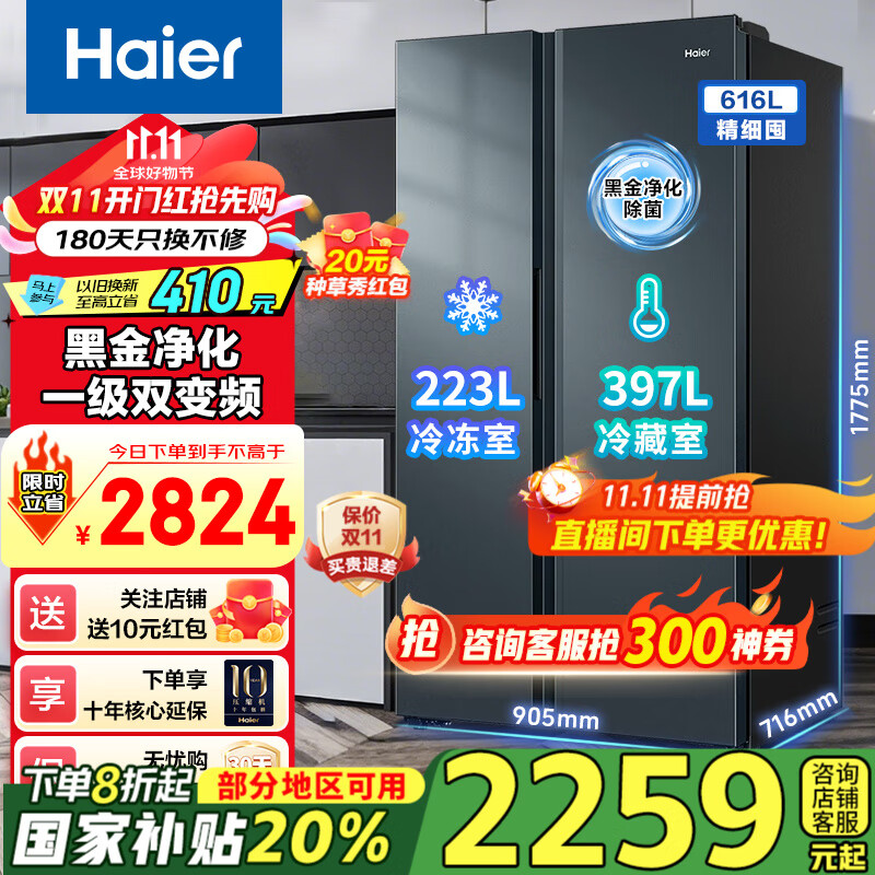 海尔（Haier）新品冰箱616升对开双开门两门风冷无霜双变频一级节能省电大容量家用电冰箱国补20%政府补贴 616升+一级双变频+黑金净化+风冷无霜