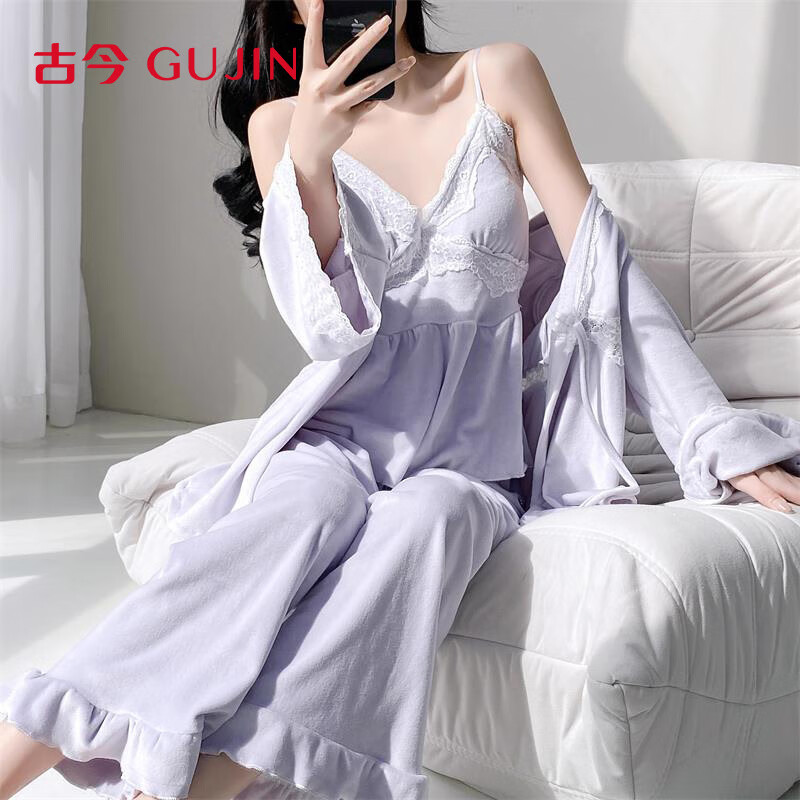 古今（GUJIN）海岛绒睡衣女秋冬季长袖睡袍带胸垫吊带性感加厚保暖三件套家居服
