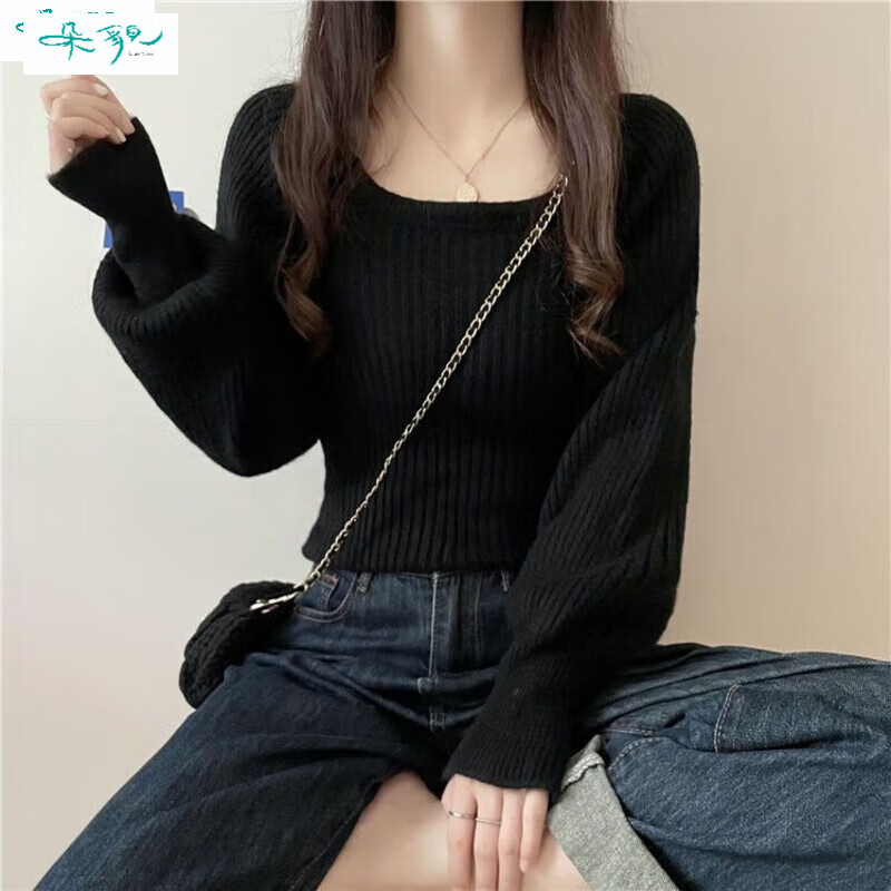 朵貌秋冬2025年新款气质方领收腰灯笼袖打底毛衣外穿温柔风女慵懒上衣 杏色 均码 建议70120斤