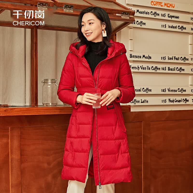 千仞岗秋冬反季羽绒服女士中长款百搭时尚气质简约连帽保暖外套防寒服 经典红-无腰带 M (165)