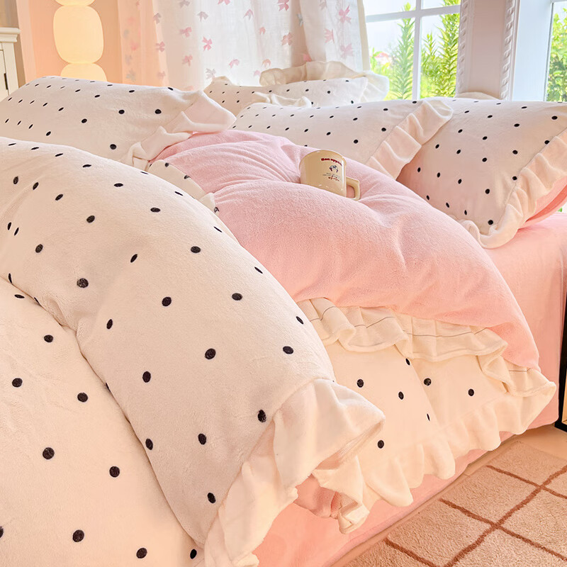 苏萱韩式花边牛奶绒四件套冬季双面加绒花边被套珊瑚绒床单人床上用品 花边款-浪漫波点 1.5m 床单款 四件套-被套200x230cm